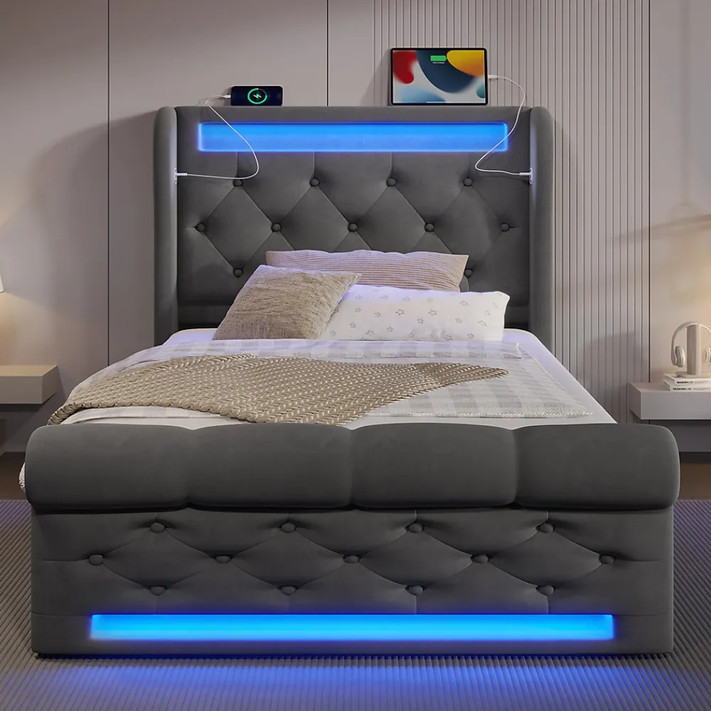 Lit simple rembourré avec éclairage LED,ports USB et Type-C,lit coffre hydraulique,cadre de lit 90x200cm,velours,gris>Seyakany Hot