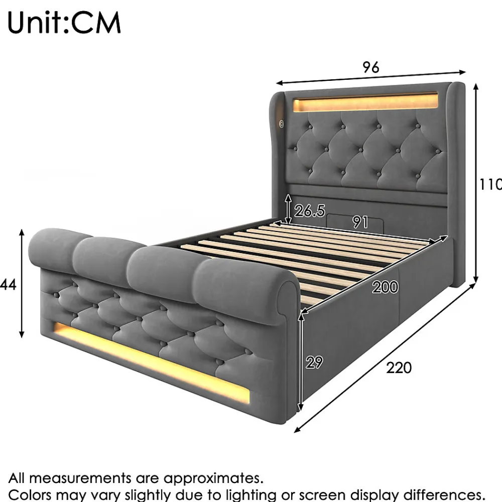 Lit simple rembourré avec éclairage LED,ports USB et Type-C,lit coffre hydraulique,cadre de lit 90x200cm,velours,gris>Seyakany Hot