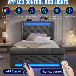 Lit simple rembourré avec éclairage LED,ports USB et Type-C,lit coffre hydraulique,cadre de lit 90x200cm,velours,gris><noscript><img width=