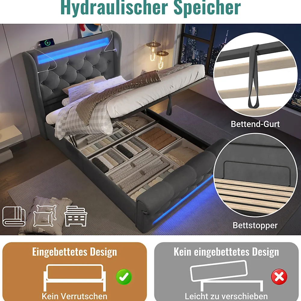 Lit simple rembourré avec éclairage LED,ports USB et Type-C,lit coffre hydraulique,cadre de lit 90x200cm,velours,gris>Seyakany Hot