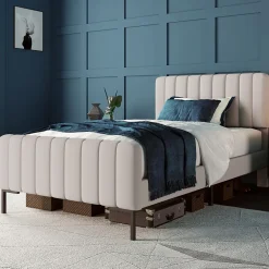 Okwish Lit simple 90x200 - Lit rembourré avec cadre en bois et métal - Lin - Sans Matelas - Beige* Lit Simple
