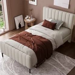 Okwish Lit simple 90x200 - Lit rembourré avec cadre en bois et métal - Lin - Sans Matelas - Beige* Lit Simple