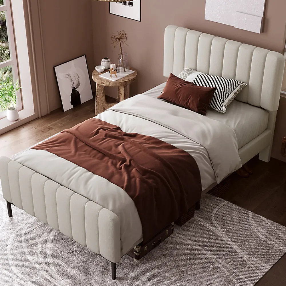 Okwish Lit simple 90x200 - Lit rembourré avec cadre en bois et métal - Lin - Sans Matelas - Beige* Lit Simple