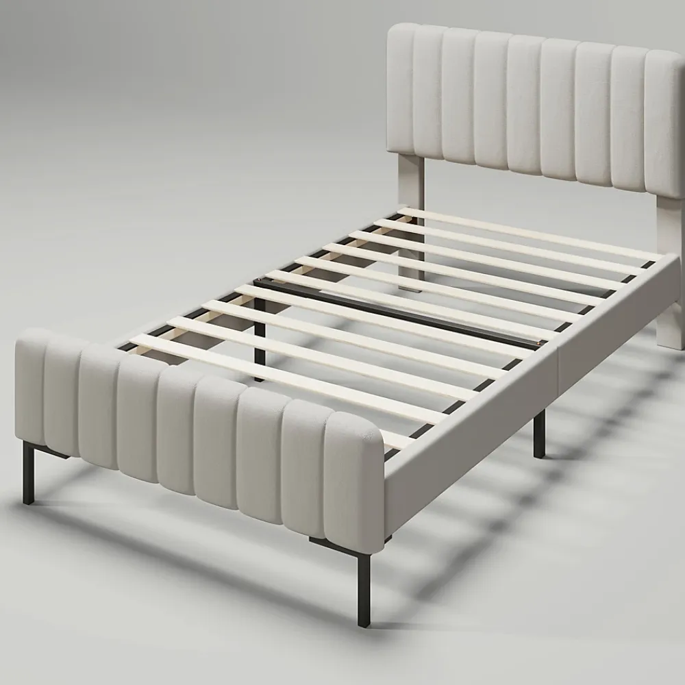 Okwish Lit simple 90x200 - Lit rembourré avec cadre en bois et métal - Lin - Sans Matelas - Beige* Lit Simple