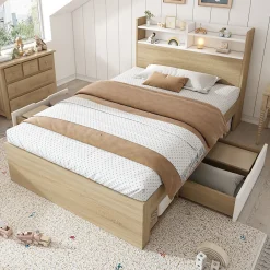Lit Simple 90x190 cm - 2 Tiroirs et Étagères, Tête de Lit avec Rangement, en Bois Partiel Massif - Sans Matelas - Blanc>Okwish Sale