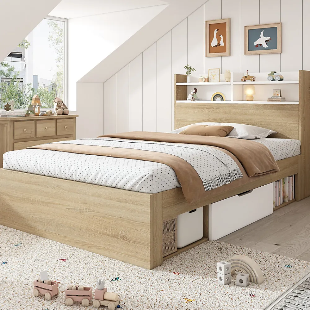Lit Simple 90x190 cm - 2 Tiroirs et Étagères, Tête de Lit avec Rangement, en Bois Partiel Massif - Sans Matelas - Blanc>Okwish Sale