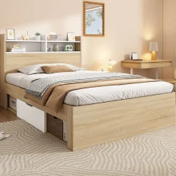 Lit Simple 90x190 cm - 2 Tiroirs et Étagères, Tête de Lit avec Rangement, en Bois Partiel Massif - Sans Matelas - Blanc><noscript><img width=