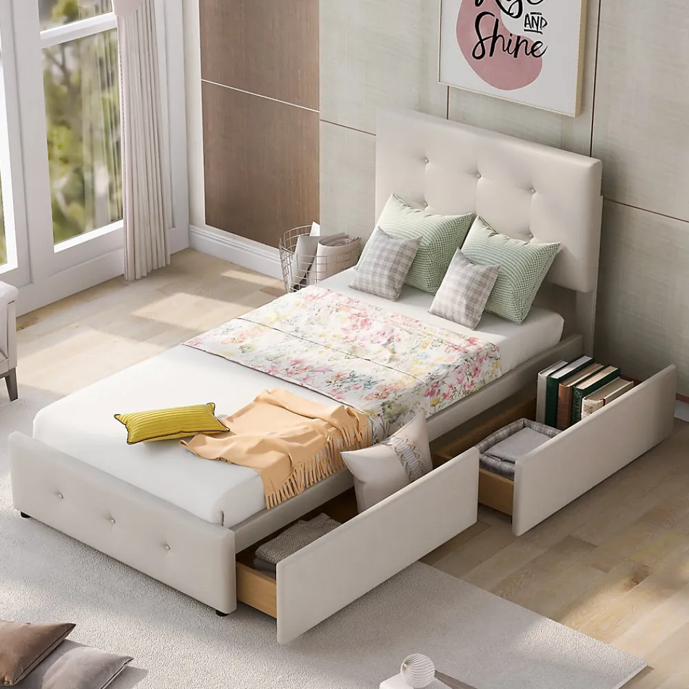 Lit Simple 90x200 cm - avec 2 Tiroirs Pratiques, Tissu Velours Doux, Sans Matelas, Beige>Okwish New