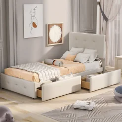Lit Simple 90x200 cm - avec 2 Tiroirs Pratiques, Tissu Velours Doux, Sans Matelas, Beige><noscript><img width=