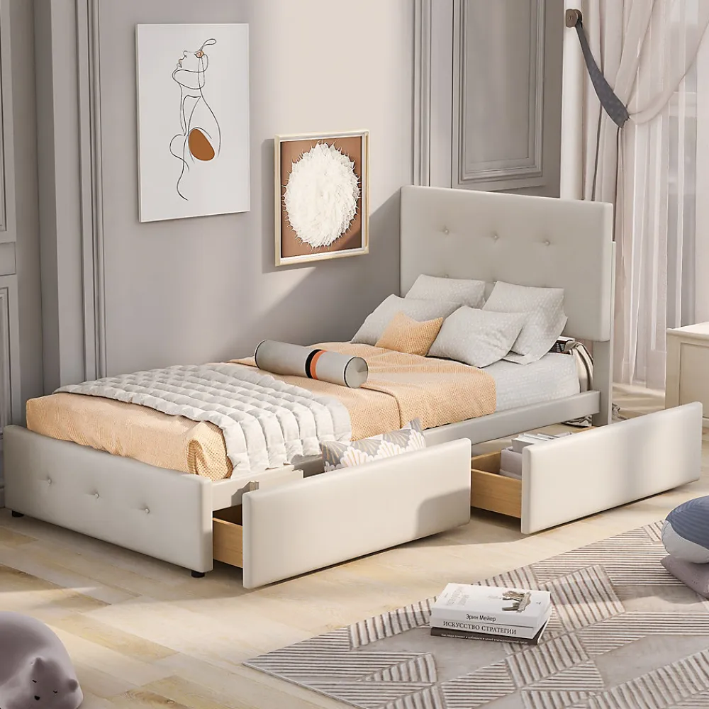 Lit Simple 90x200 cm - avec 2 Tiroirs Pratiques, Tissu Velours Doux, Sans Matelas, Beige>Okwish New