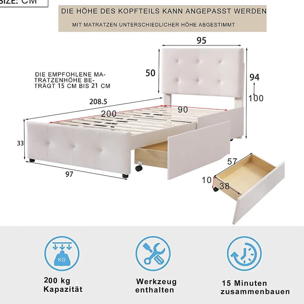 Lit Simple 90x200 cm - avec 2 Tiroirs Pratiques, Tissu Velours Doux, Sans Matelas, Beige>Okwish New