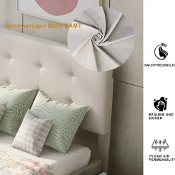 Lit Simple 90x200 cm - avec 2 Tiroirs Pratiques, Tissu Velours Doux, Sans Matelas, Beige><noscript><img width=