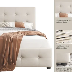 Lit Simple 90x200 cm - avec 2 Tiroirs Pratiques, Tissu Velours Doux, Sans Matelas, Beige><noscript><img width=