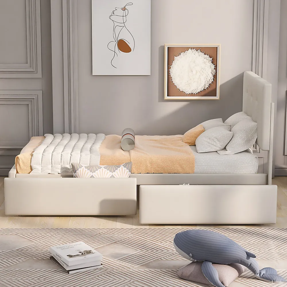 Lit Simple 90x200 cm - avec 2 Tiroirs Pratiques, Tissu Velours Doux, Sans Matelas, Beige>Okwish New