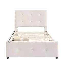 Lit Simple 90x200 cm - avec 2 Tiroirs Pratiques, Tissu Velours Doux, Sans Matelas, Beige><noscript><img width=