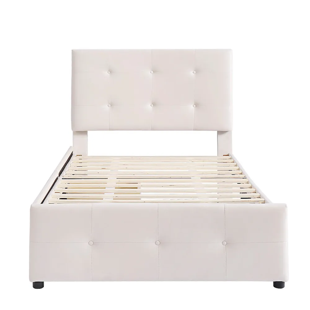 Lit Simple 90x200 cm - avec 2 Tiroirs Pratiques, Tissu Velours Doux, Sans Matelas, Beige>Okwish New