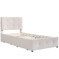 Lit Simple 90x200 cm - avec 2 Tiroirs Pratiques, Tissu Velours Doux, Sans Matelas, Beige><noscript><img width=