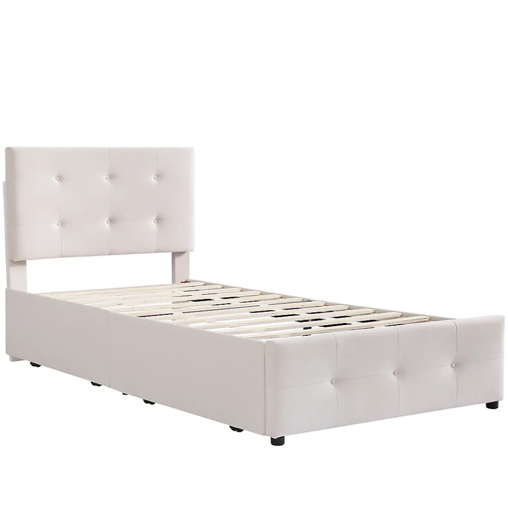 Lit Simple 90x200 cm - avec 2 Tiroirs Pratiques, Tissu Velours Doux, Sans Matelas, Beige>Okwish New