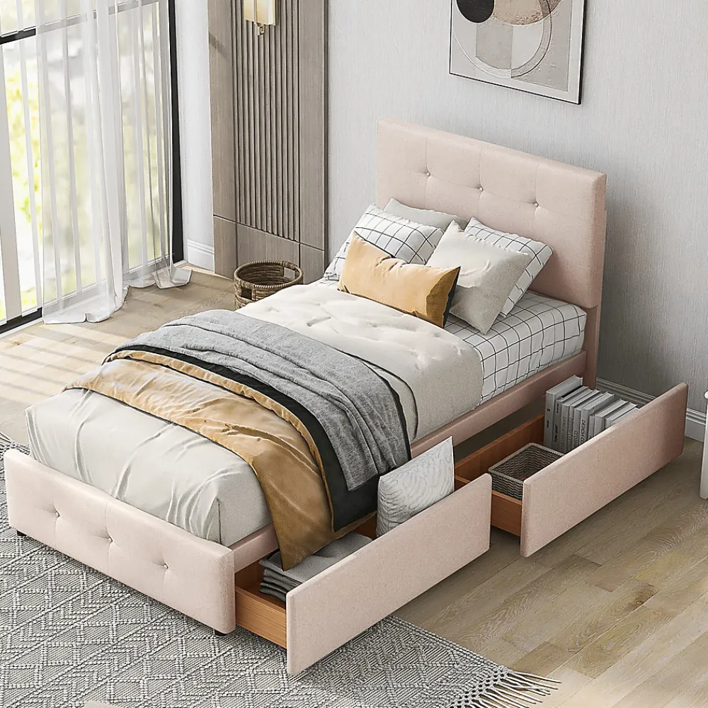 Lit Simple 90x200 cm - avec 2 Tiroirs, Sans Matelas, Lit Confortable en Velours Doux pour enfant ou Adulte, Rose>Okwish Sale