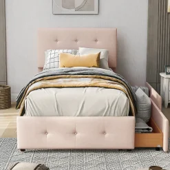 Lit Simple 90x200 cm - avec 2 Tiroirs, Sans Matelas, Lit Confortable en Velours Doux pour enfant ou Adulte, Rose>Okwish Sale