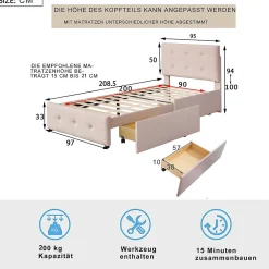 Lit Simple 90x200 cm - avec 2 Tiroirs, Sans Matelas, Lit Confortable en Velours Doux pour enfant ou Adulte, Rose><noscript><img width=