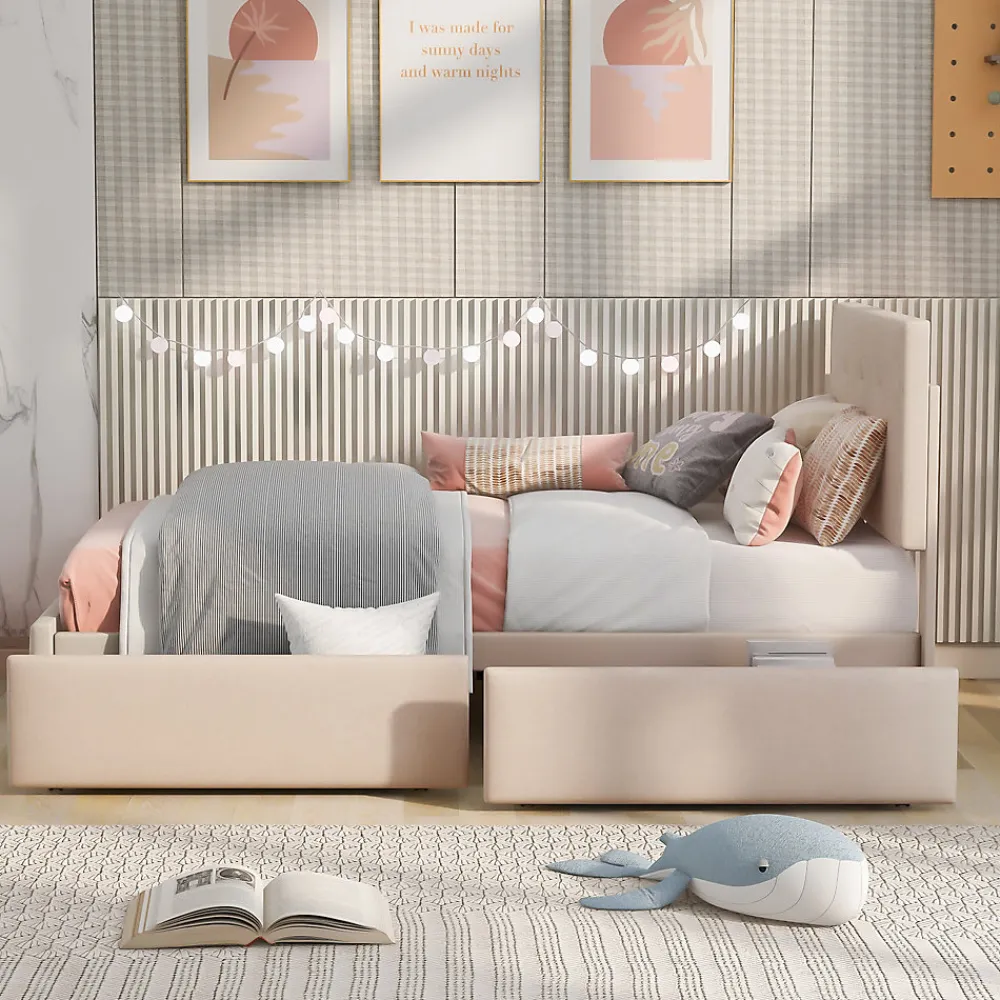 Lit Simple 90x200 cm - avec 2 Tiroirs, Sans Matelas, Lit Confortable en Velours Doux pour enfant ou Adulte, Rose>Okwish Sale
