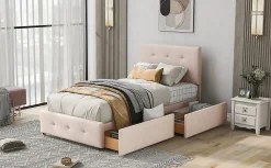 Lit Simple 90x200 cm - avec 2 Tiroirs, Sans Matelas, Lit Confortable en Velours Doux pour enfant ou Adulte, Rose><noscript><img width=