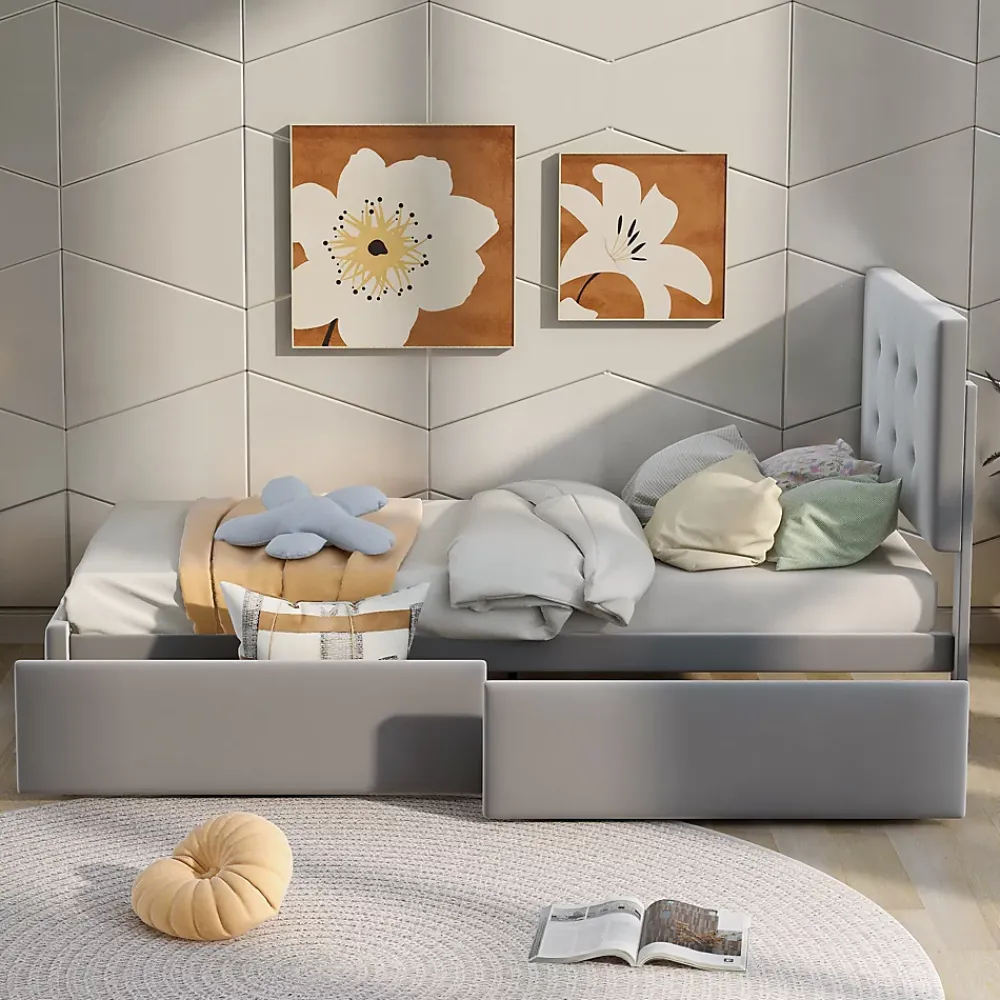 Okwish Lit Simple 90x200 cm - avec 2 Tiroirs Pratique, Sans Matelas, Lit Confortable en Velours Gris* Lit Simple