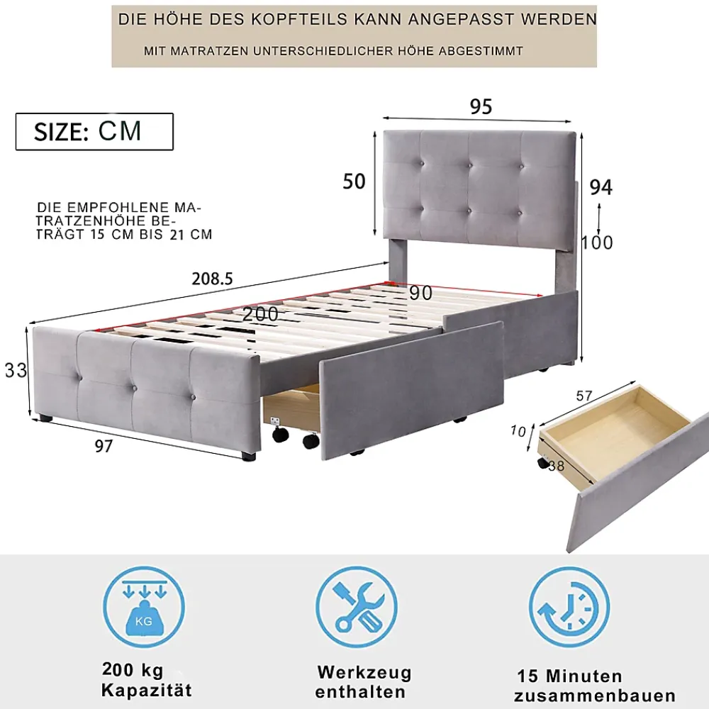 Okwish Lit Simple 90x200 cm - avec 2 Tiroirs Pratique, Sans Matelas, Lit Confortable en Velours Gris* Lit Simple