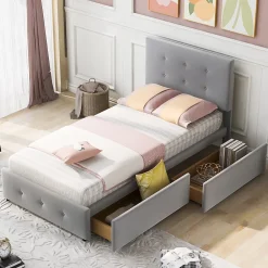 Okwish Lit Simple 90x200 cm - avec 2 Tiroirs Pratique, Sans Matelas, Lit Confortable en Velours Gris* Lit Simple