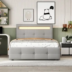 Okwish Lit Simple 90x200 cm - avec 2 Tiroirs et Éclairage LED, Lit Confortable en Lin Gris, Rangement Sous Le Lit, Sans Matelas* Lit Simple