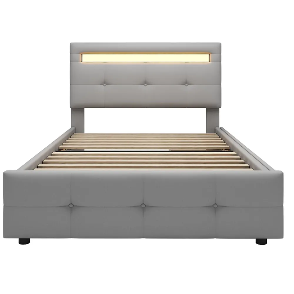 Okwish Lit Simple 90x200 cm - avec 2 Tiroirs et Éclairage LED, Lit Confortable en Lin Gris, Rangement Sous Le Lit, Sans Matelas* Lit Simple