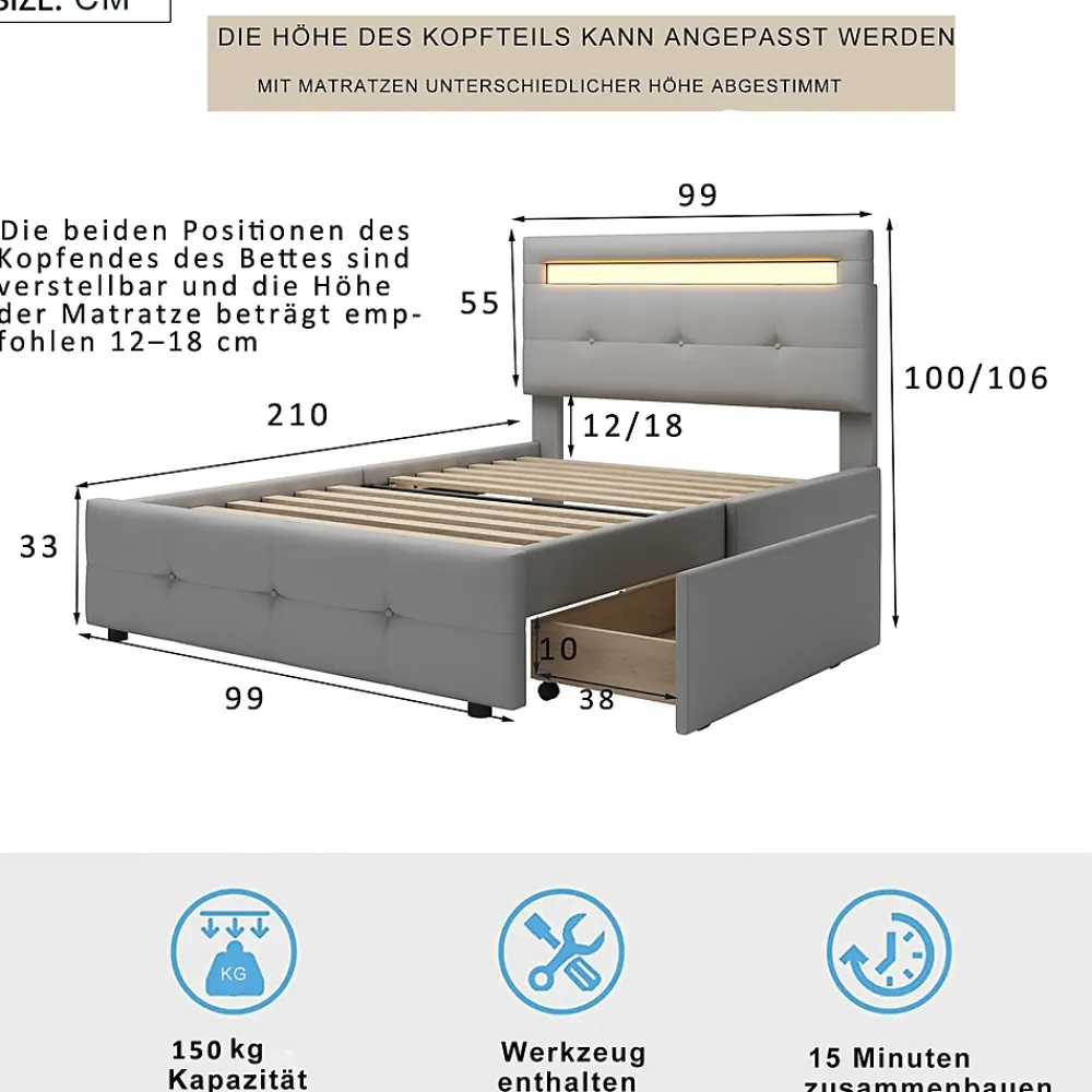 Okwish Lit Simple 90x200 cm - avec 2 Tiroirs et Éclairage LED, Lit Confortable en Lin Gris, Rangement Sous Le Lit, Sans Matelas* Lit Simple