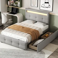 Okwish Lit Simple 90x200 cm - avec 2 Tiroirs et Éclairage LED, Lit Confortable en Lin Gris, Rangement Sous Le Lit, Sans Matelas* Lit Simple