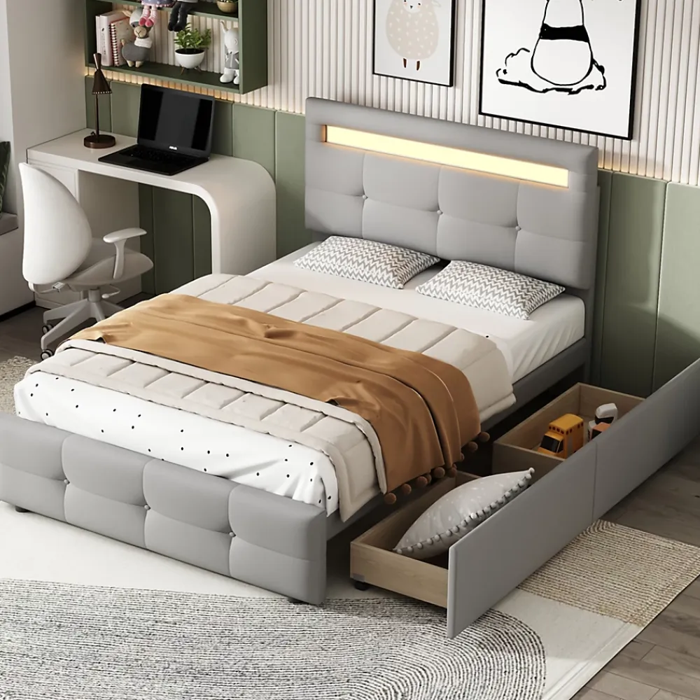 Okwish Lit Simple 90x200 cm - avec 2 Tiroirs et Éclairage LED, Lit Confortable en Lin Gris, Rangement Sous Le Lit, Sans Matelas* Lit Simple
