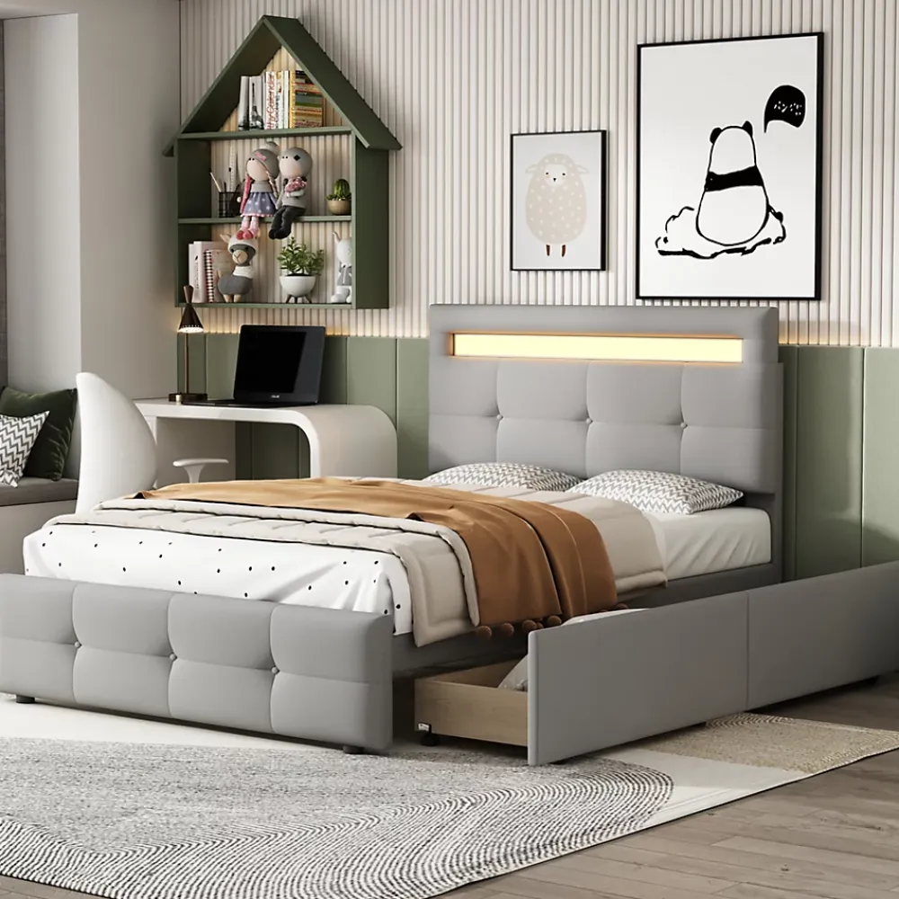 Okwish Lit Simple 90x200 cm - avec 2 Tiroirs et Éclairage LED, Lit Confortable en Lin Gris, Rangement Sous Le Lit, Sans Matelas* Lit Simple