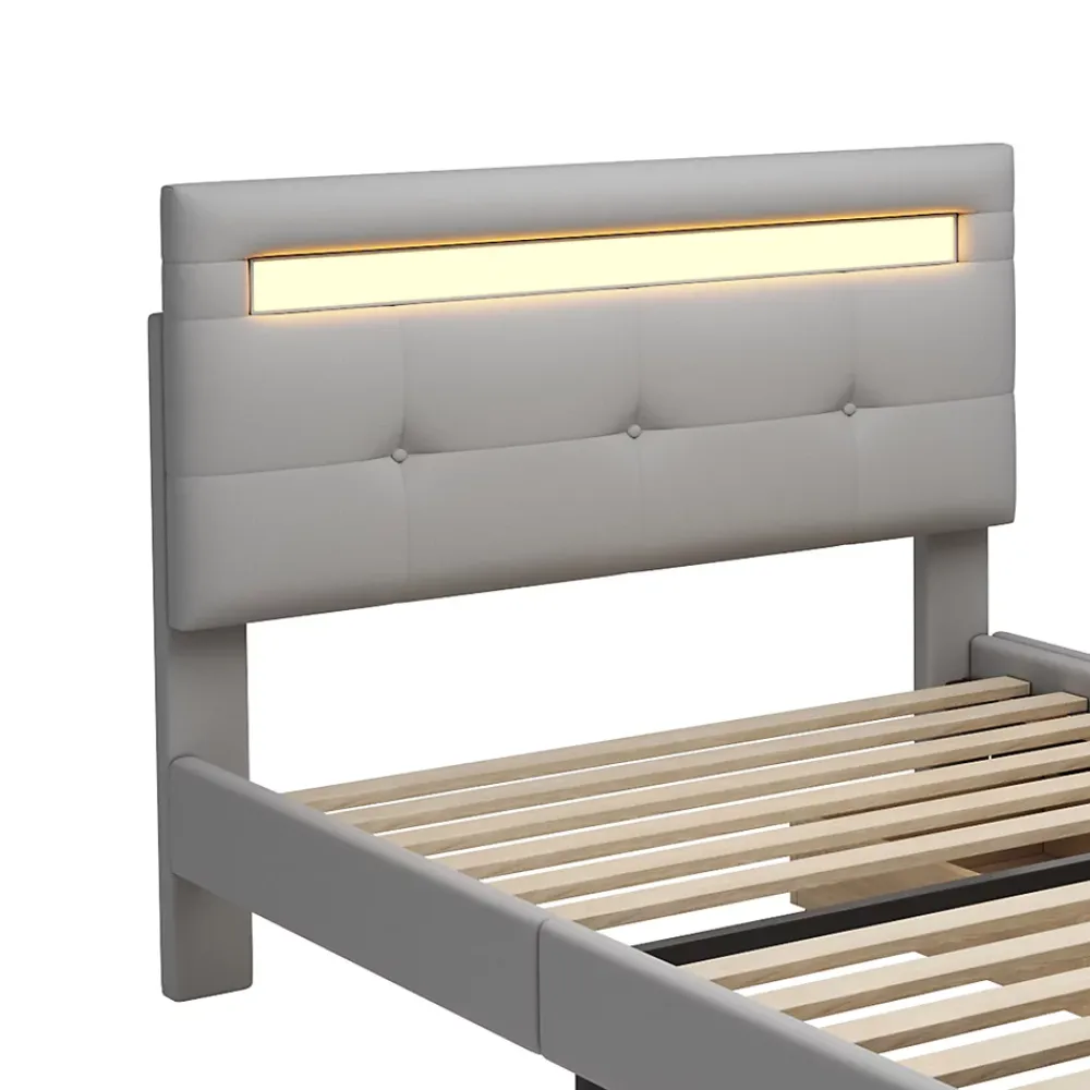Okwish Lit Simple 90x200 cm - avec 2 Tiroirs et Éclairage LED, Lit Confortable en Lin Gris, Rangement Sous Le Lit, Sans Matelas* Lit Simple