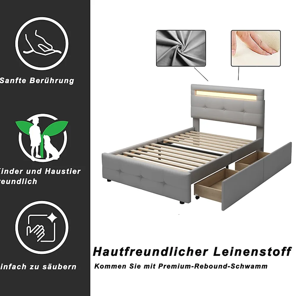 Okwish Lit Simple 90x200 cm - avec 2 Tiroirs et Éclairage LED, Lit Confortable en Lin Gris, Rangement Sous Le Lit, Sans Matelas* Lit Simple