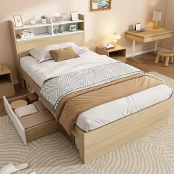 Lit Simple 90x200 cm - avec 2 Tiroirs et Étagères, Tête de Lit avec Rangement, Bois - Sans Matelas - Blanc et Chêne Clair><noscript><img width=