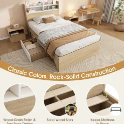 Lit Simple 90x200 cm - avec 2 Tiroirs et Étagères, Tête de Lit avec Rangement, Bois - Sans Matelas - Blanc et Chêne Clair><noscript><img width=