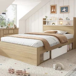 Lit Simple 90x200 cm - avec 2 Tiroirs et Étagères, Tête de Lit avec Rangement, Bois - Sans Matelas - Blanc et Chêne Clair><noscript><img width=