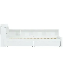 Okwish Lit Simple 90x200 cm - avec Rangement, Tiroirs sous le Lit, Chargeur et Lumière Intégrée, en MDF Blanc, Sans Matelas* Lit Simple