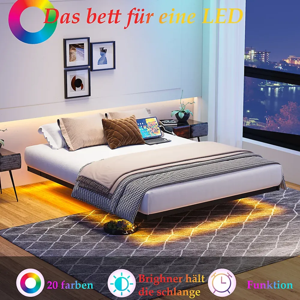 Okwish Lit Simple 120x200 cm - Lit Ado Metal avec Éclairage LED et Ports USB, Contrôle Télécommande App, Noir, sans Matelas* Lit Simple