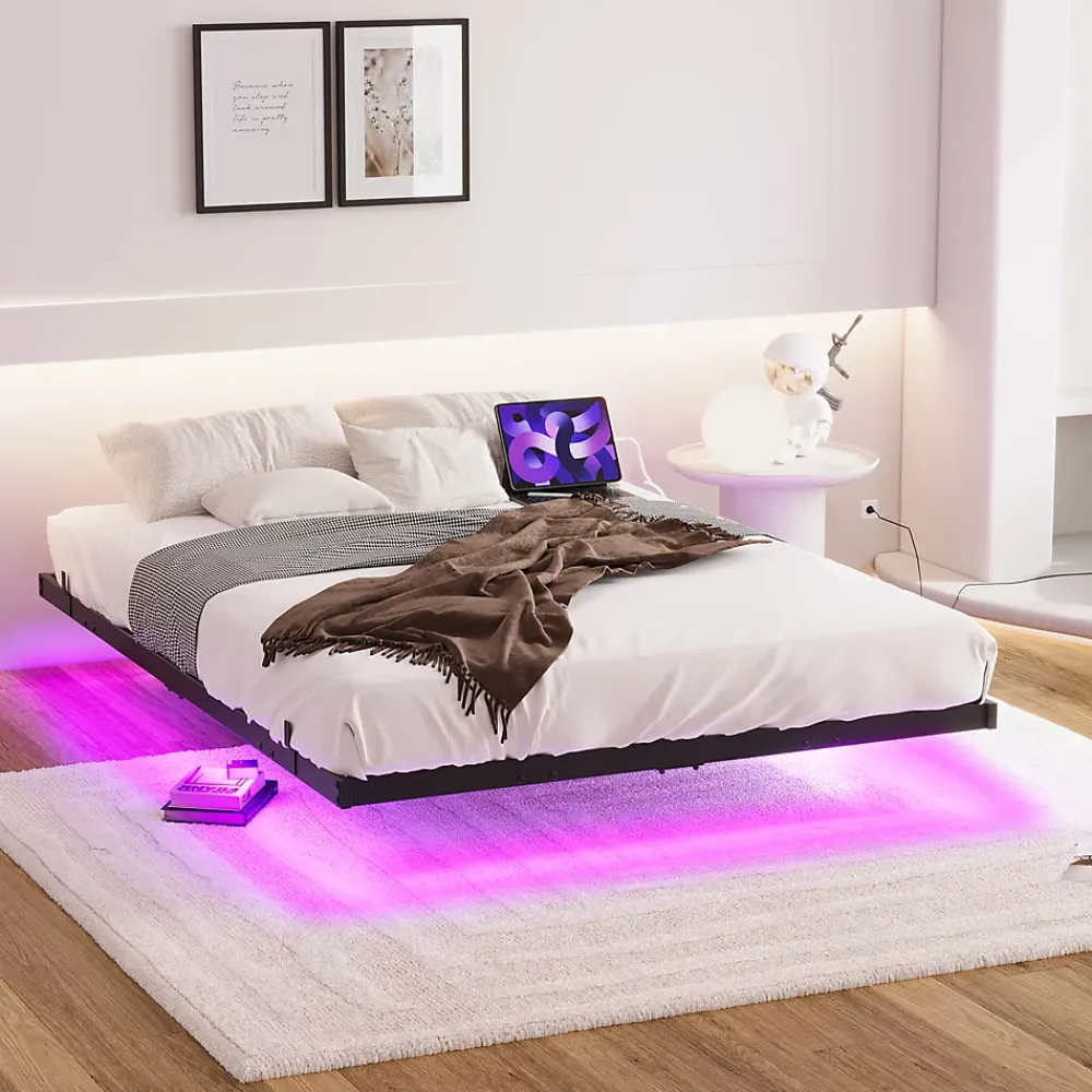 Okwish Lit Simple 120x200 cm - Lit Ado Metal avec Éclairage LED et Ports USB, Contrôle Télécommande App, Noir, sans Matelas* Lit Simple