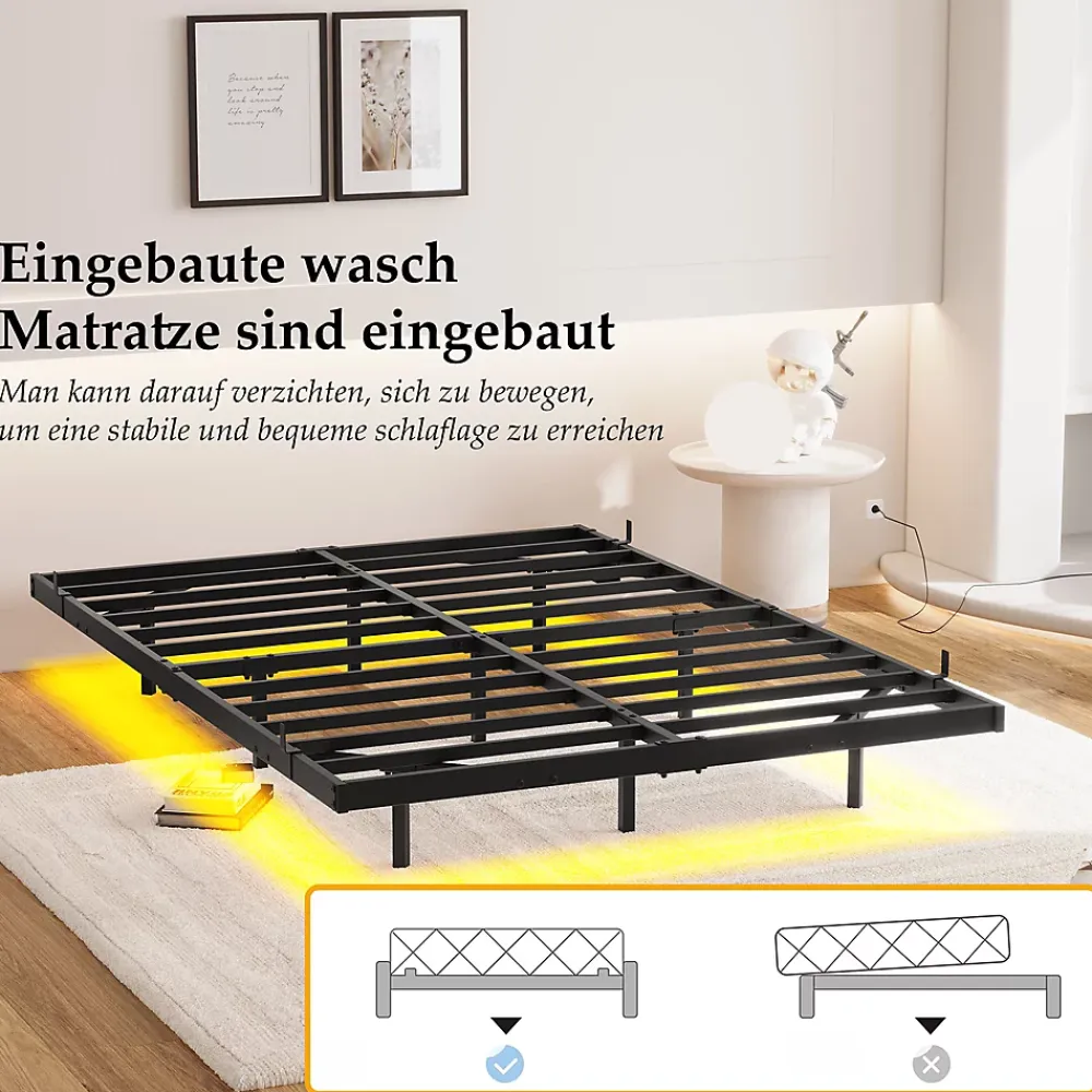 Okwish Lit Simple 120x200 cm - Lit Ado Metal avec Éclairage LED et Ports USB, Contrôle Télécommande App, Noir, sans Matelas* Lit Simple