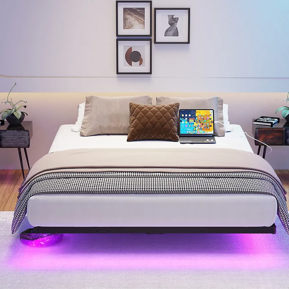Okwish Lit Simple 120x200 cm - Lit Ado Metal avec Éclairage LED et Ports USB, Contrôle Télécommande App, Noir, sans Matelas* Lit Simple