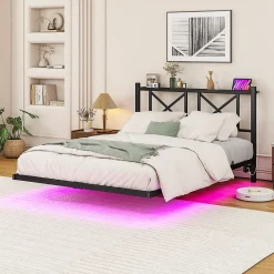 Lit Simple 120x200 cm - Lit Ado Moderne, avec Éclairage LED et Prises USB, Rangements - Noir, sans Matelas>Okwish Outlet