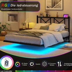 Lit Simple 120x200 cm - Lit Ado Moderne, avec Éclairage LED et Prises USB, Rangements - Noir, sans Matelas><noscript><img width=