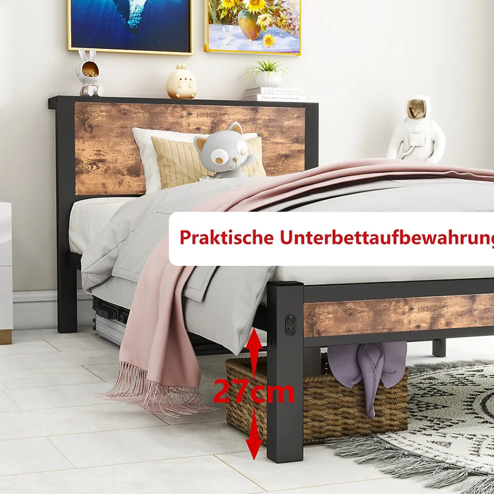Lit Simple 90x200 cm - Lit Ado Métal avec Tête de Lit Rangement, MDF, Marron - Silencieux et Robuste - Sans Matelas>Okwish