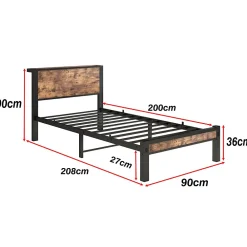 Lit Simple 90x200 cm - Lit Ado Métal avec Tête de Lit Rangement, MDF, Marron - Silencieux et Robuste - Sans Matelas><noscript><img width=